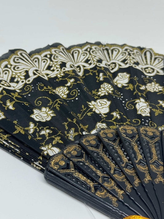 Dámský skládací vějíř textilní s glitry - sicipotreby